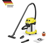 Пылесос WD 3 P S V-17/4/20 (KARCHER) //1000 Вт; объем контейнера 17л; сух/влаж. уборка; 5,15кг, шланг, насадки, бак нерж; розетка д/инструм; арт. 1.628-190.0/